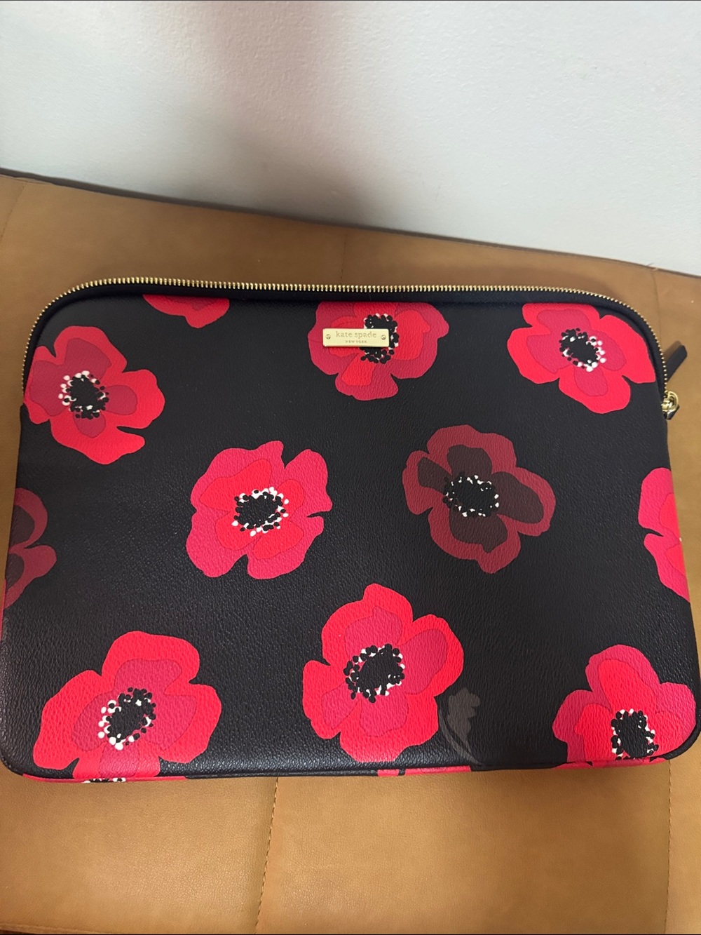 kate spade Black Zip Pouch with Red Floral Print